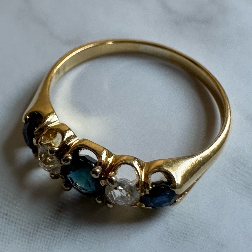 Antique 18K Gold Sapphire & Old Mine Diamond Victorian 5-Stone Ring Size 5.5 - Picture 10 of 15